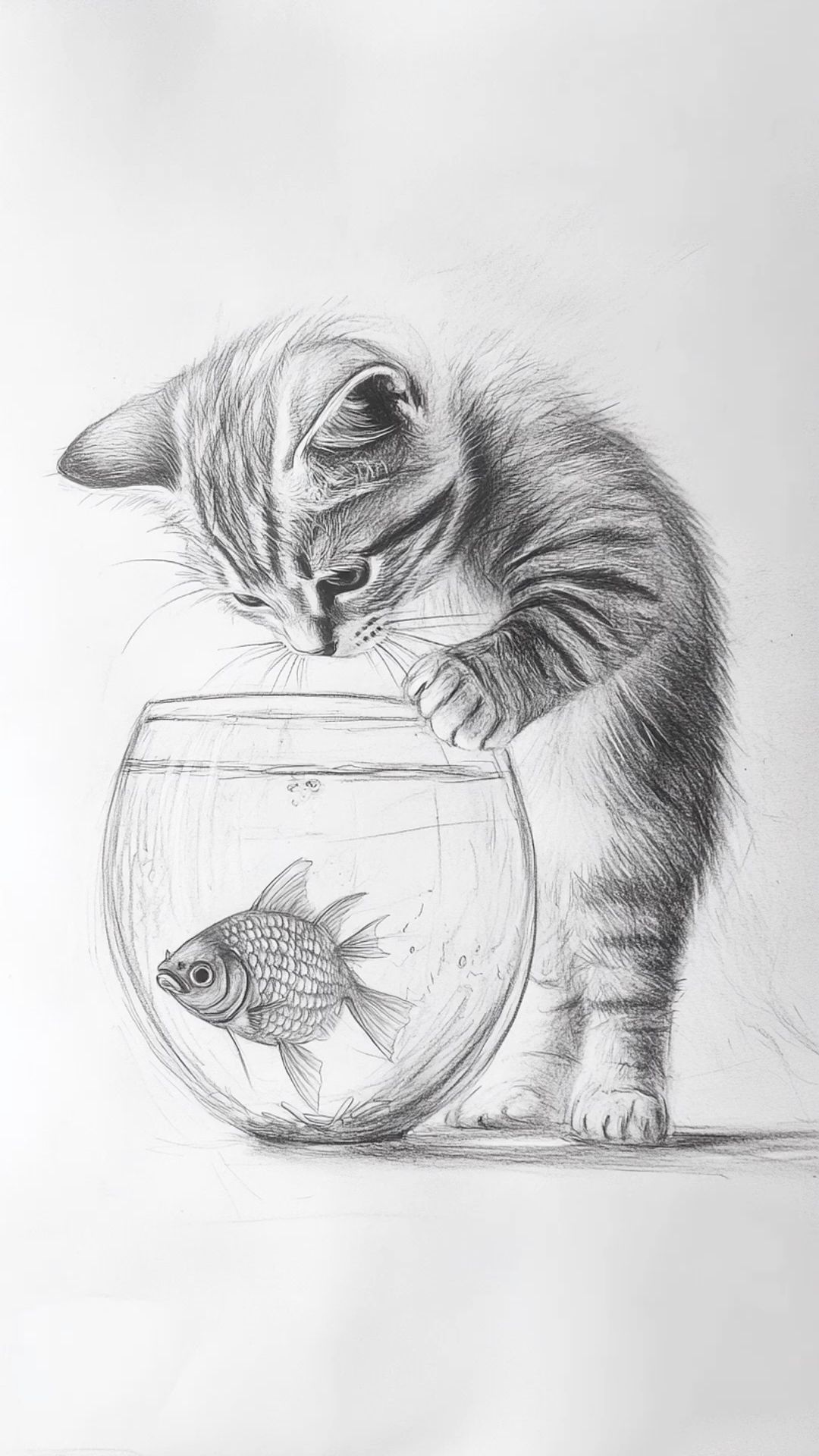 Desenho de Gato: Gato Observando Peixe na Tigela