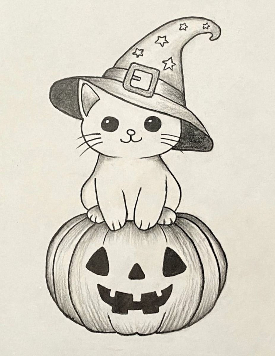 Desenho de Gato: Gato Fofinho com Chapéu de Bruxa