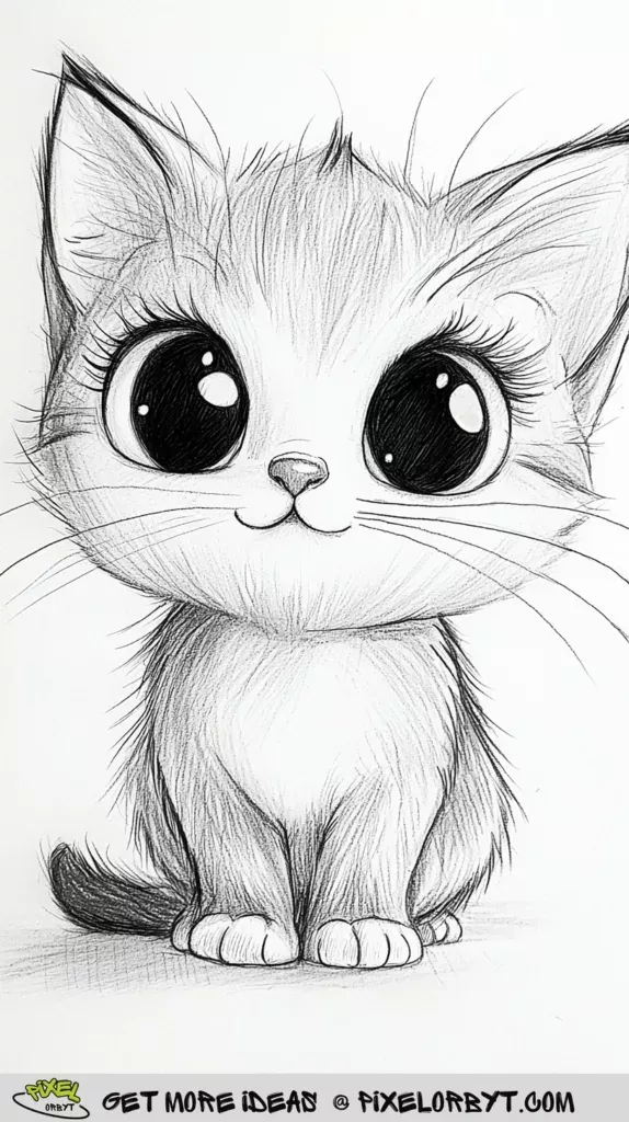 Desenho de Gato: Gato Fofinho com Olhos Grandes para desenhar