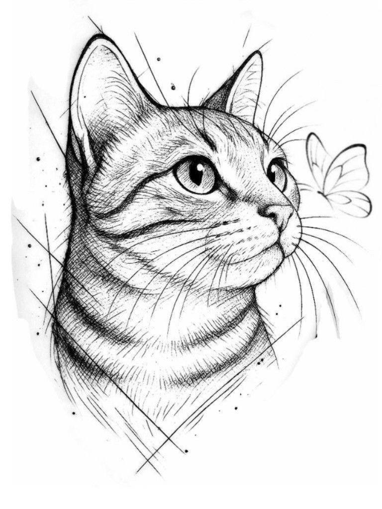 Desenho de Gato: Gato Realista a Lápis e Borboleta