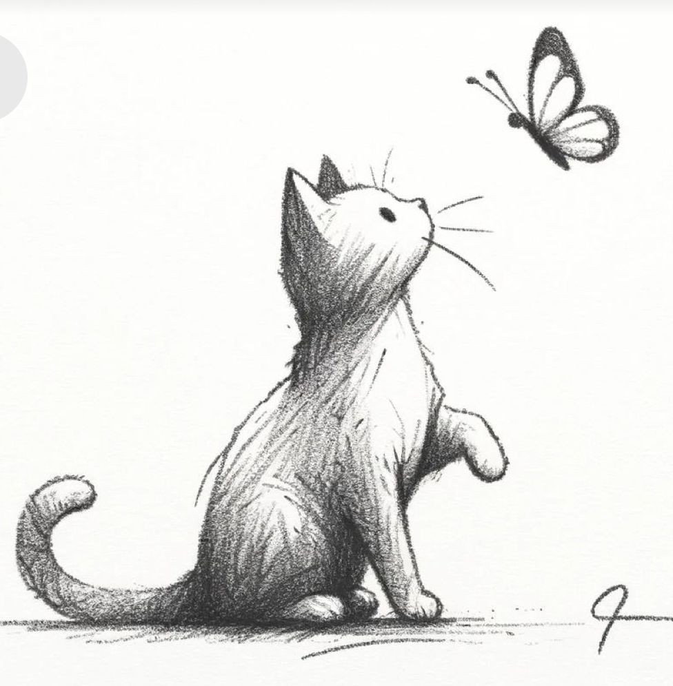 Desenho de Gato: Gato olhando para uma Borboleta para desenhar