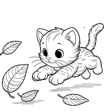Desenho de Gato: Gato Brincando com Folhas para desenhar