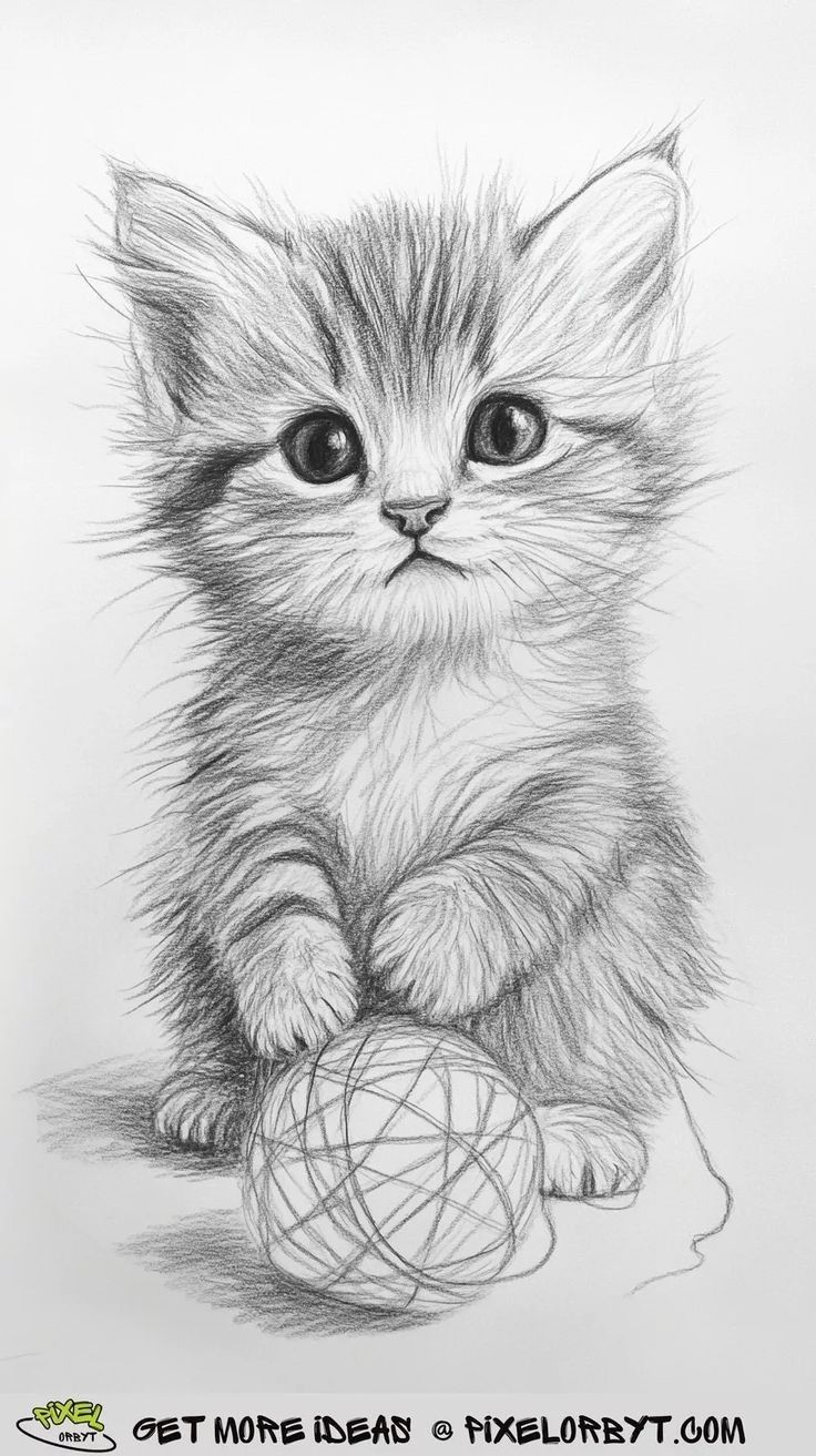 Desenho de Gato: Gato Fofinho com Bola de Lã para desenhar
