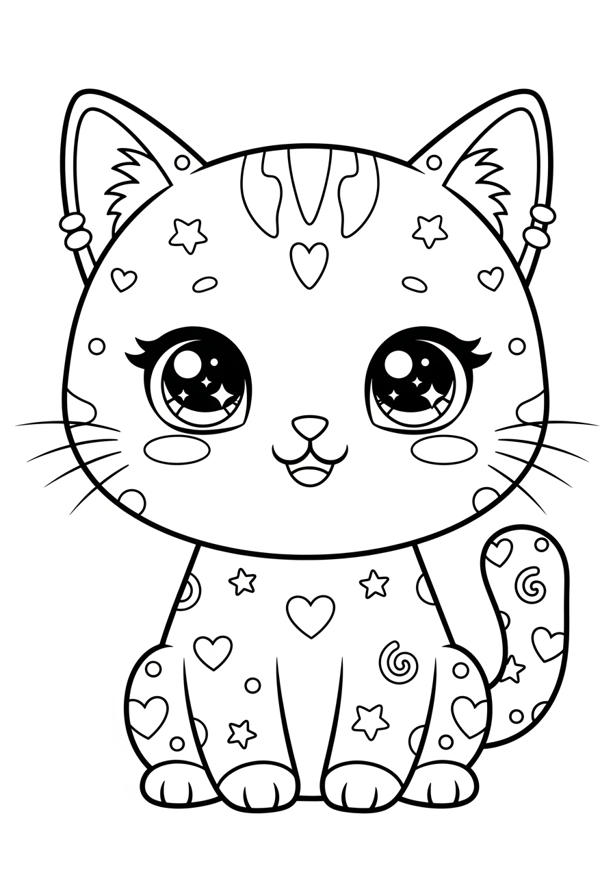 Desenho de Gato Adorável com coração e estrelas para colorir