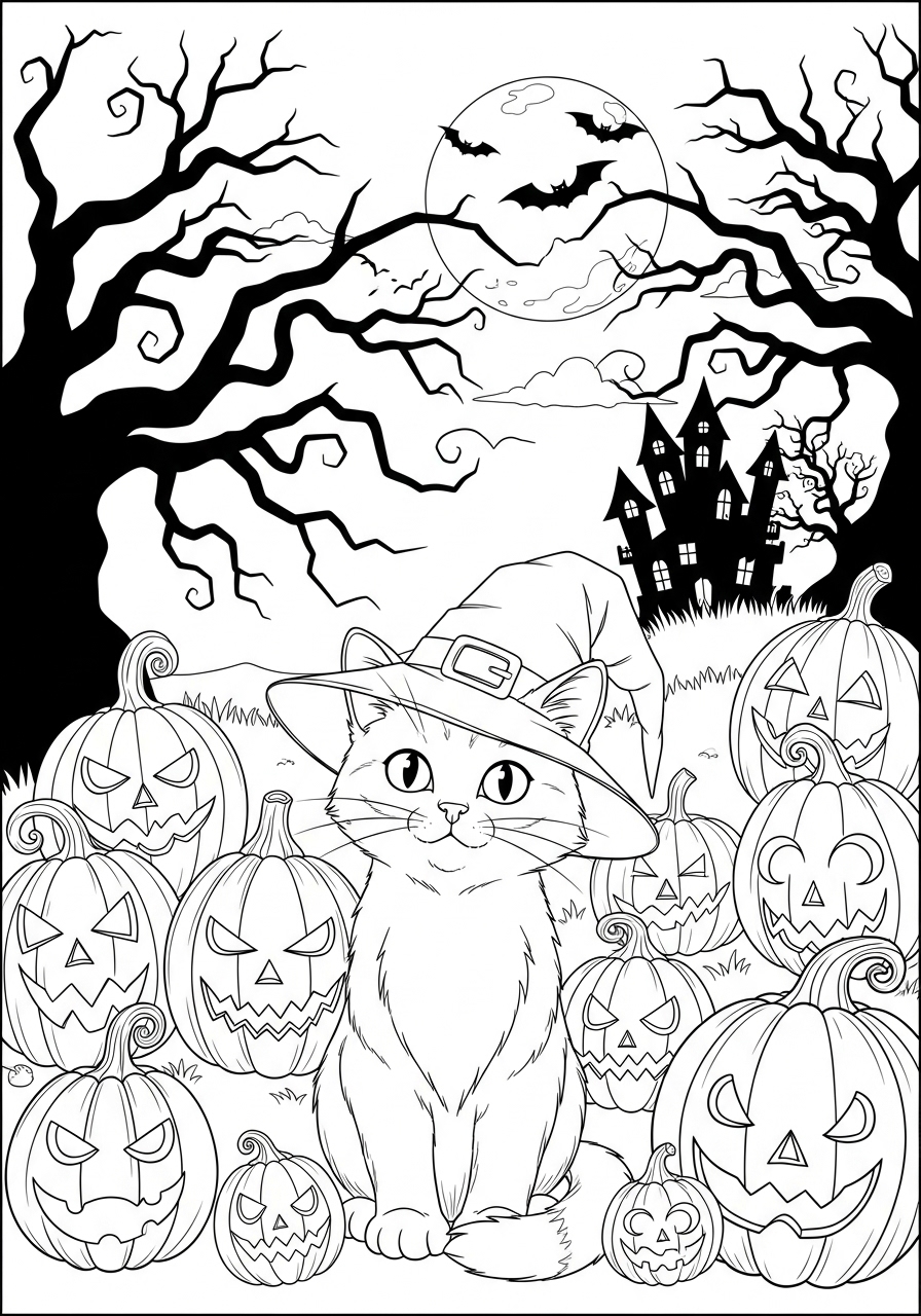 Desenho de Gato com chapéu de bruxa para imprimir e colorir