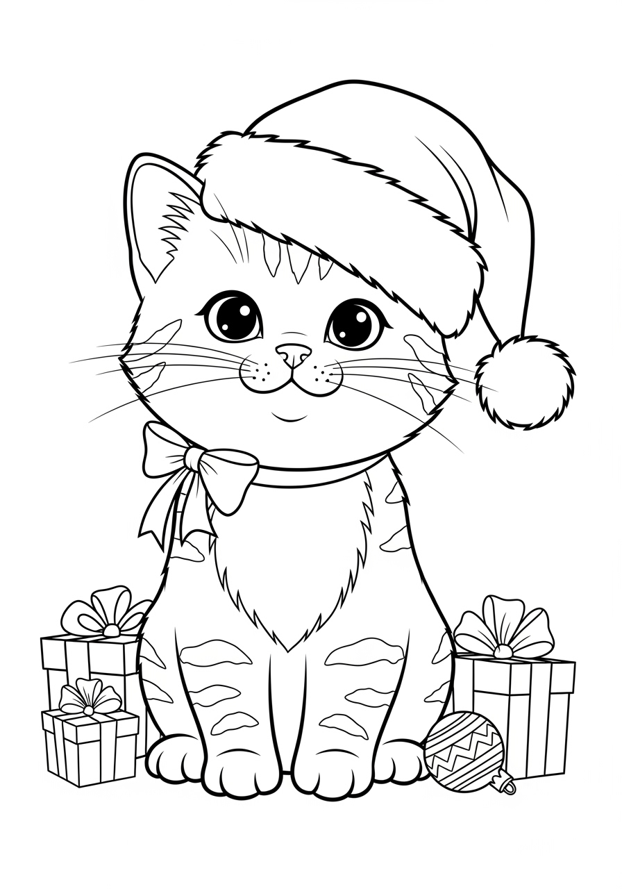 Desenho de Gato Feliz com chapéu de Natal para imprimir