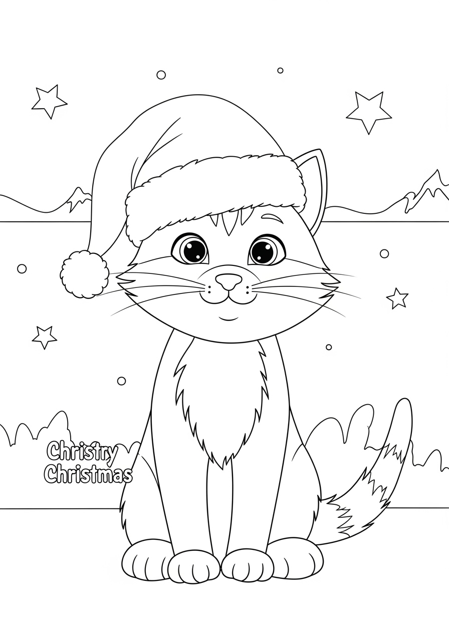 Desenho de Gato com chapéu de Papai Noel para colorir