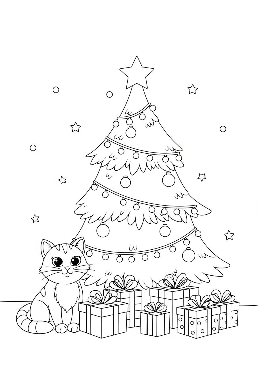 Desenho de Gato ao lado da Árvore de Natal para colorir