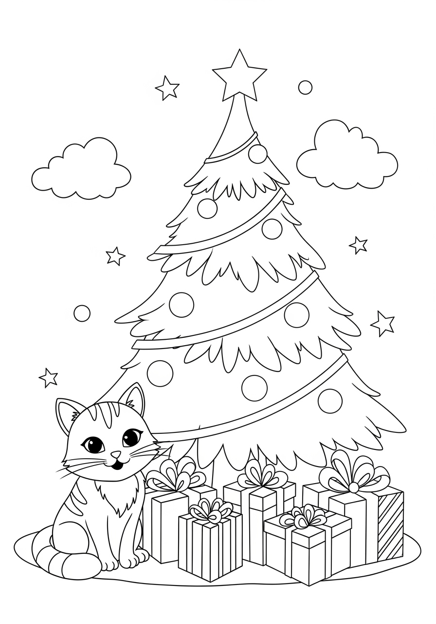 Desenho de Gato ao lado de árvore de Natal para colorir