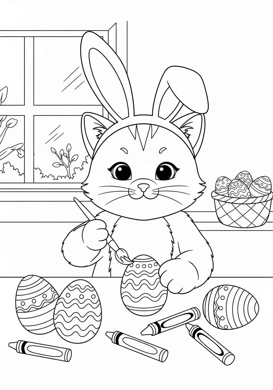 Desenho de Gato Páscoa pintando ovos para imprimir e colorir