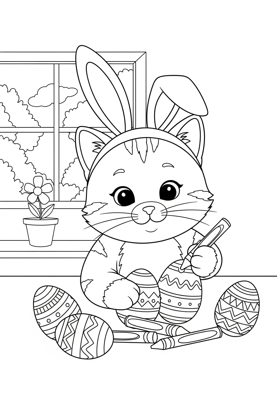 Desenho de Gato colorindo ovos de Páscoa para imprimir