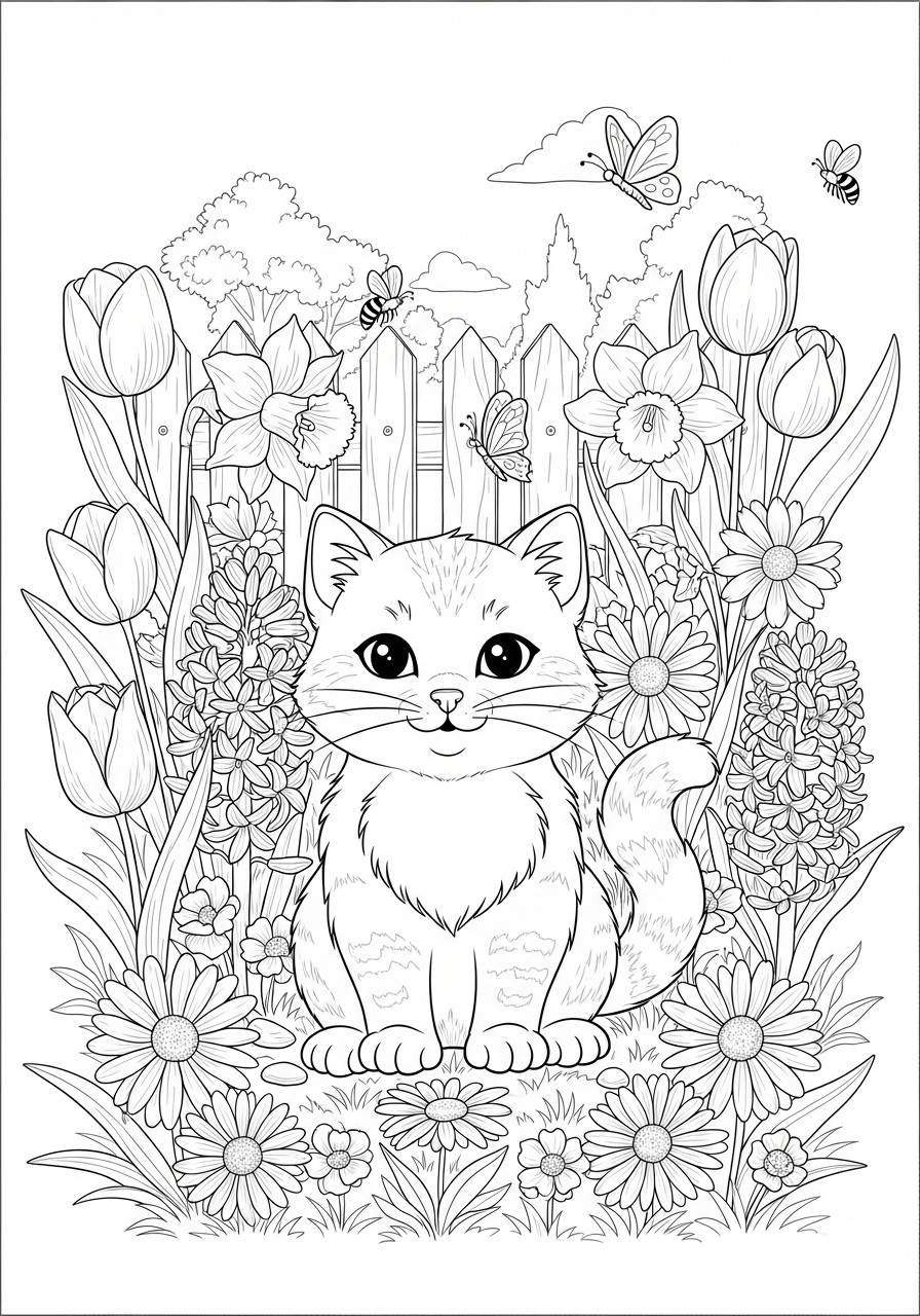 Desenho de Gato Fofo entre flores para imprimir e colorir