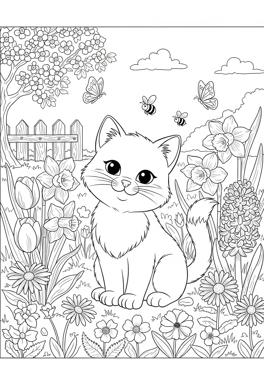 Desenho de Gato Fofo em meio a flores para imprimir e colorir