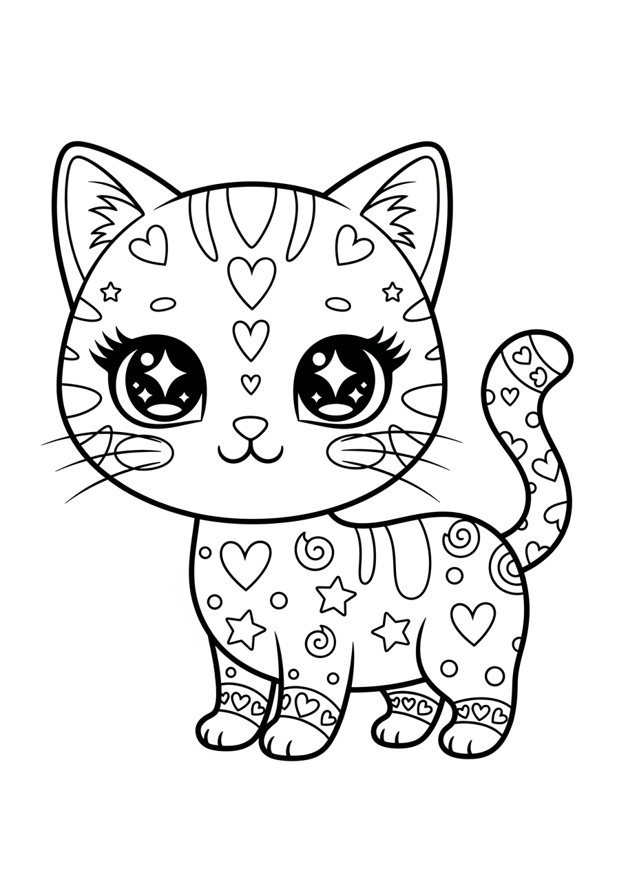 Desenho de Gato estilizado com corações para imprimir e colorir