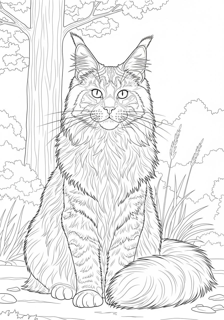 Desenho de Gato Maine Coon sentado para imprimir e colorir