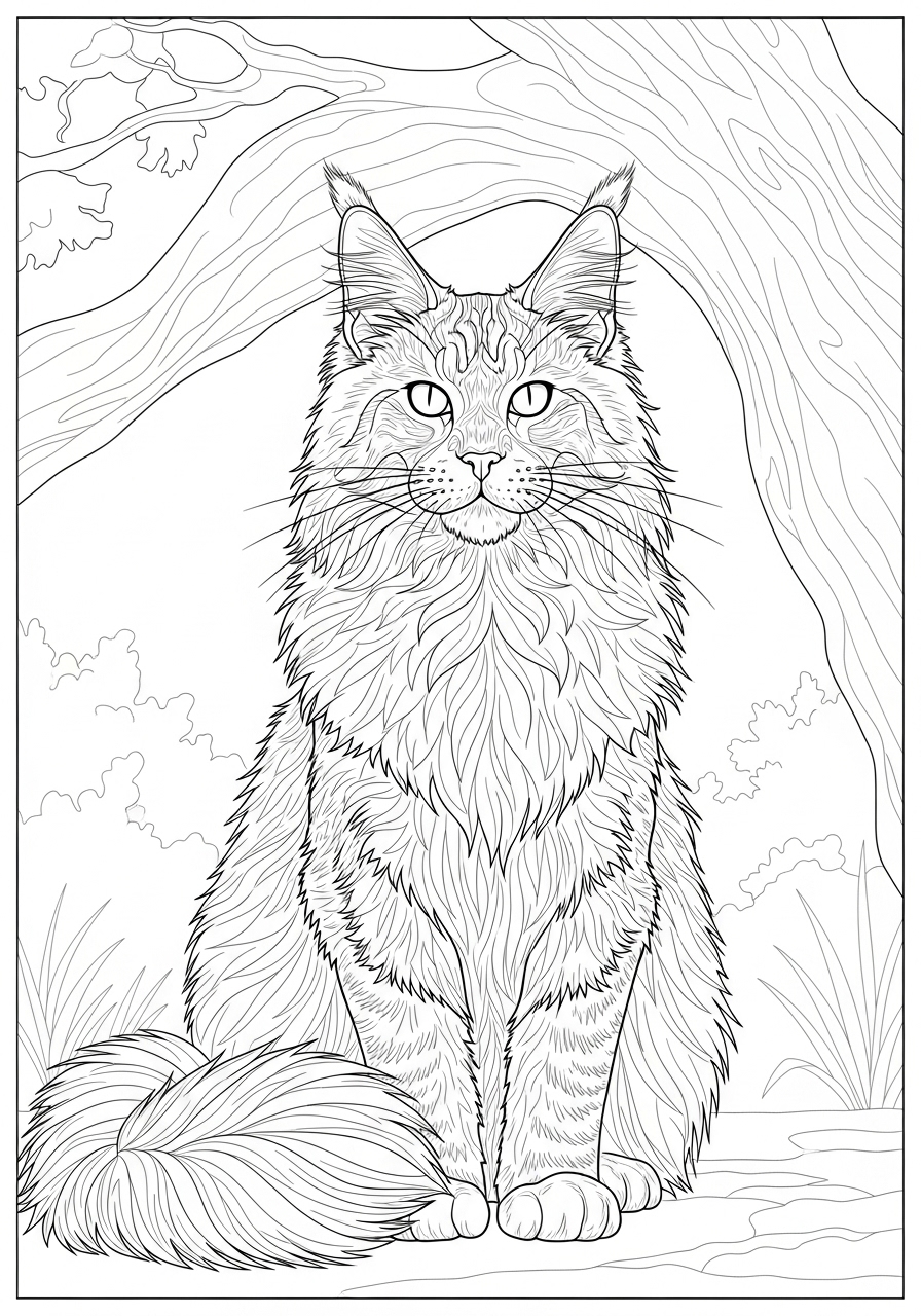 Desenho de Gato Maine Coon sentado para imprimir e colorir