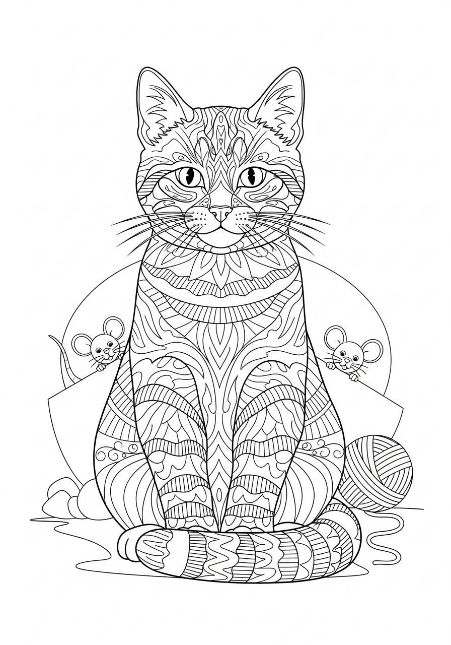 Desenho de Gato com padrão detalhado para imprimir e colorir