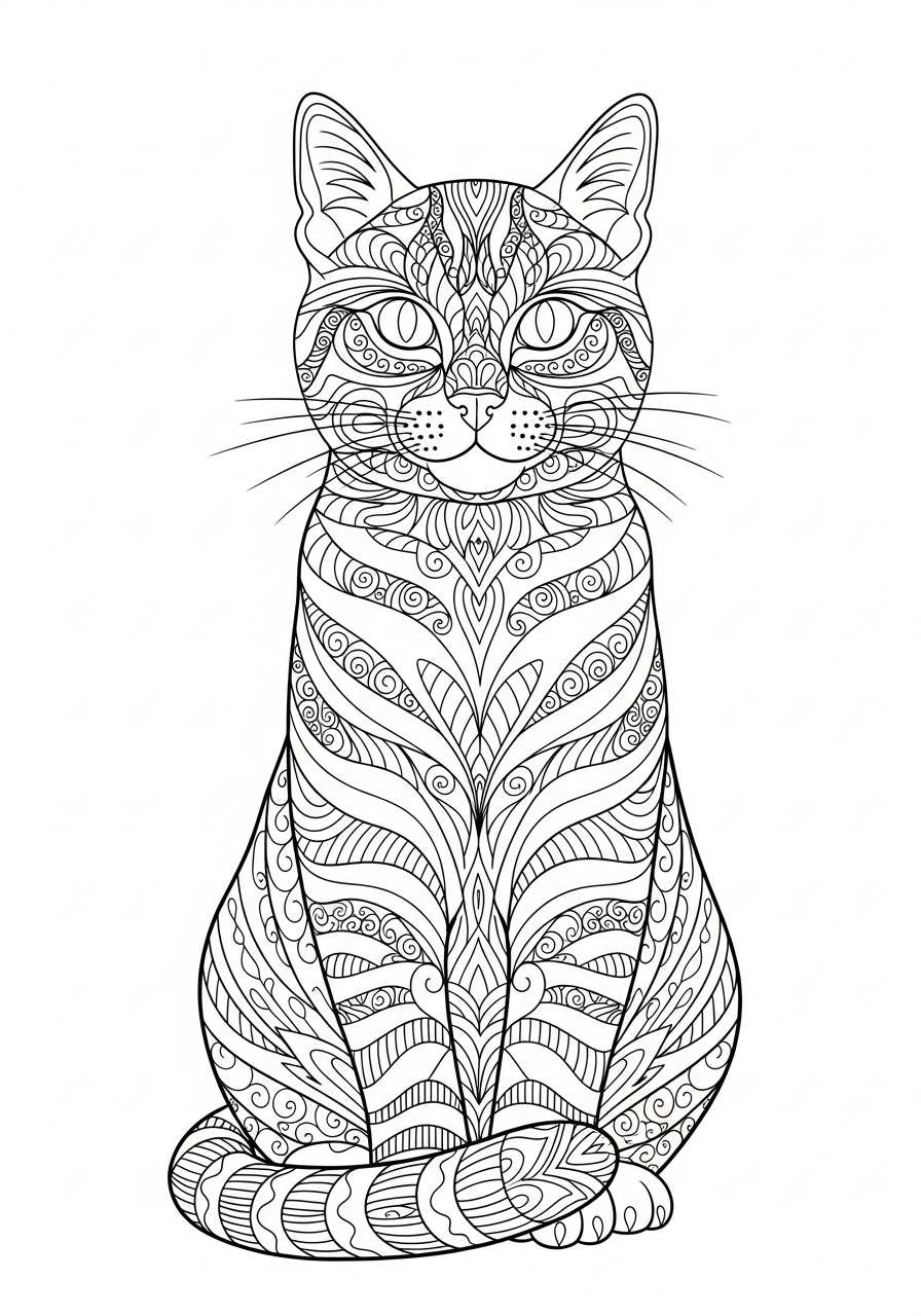 Desenho de Gato com padrões decorativos para imprimir e colorir