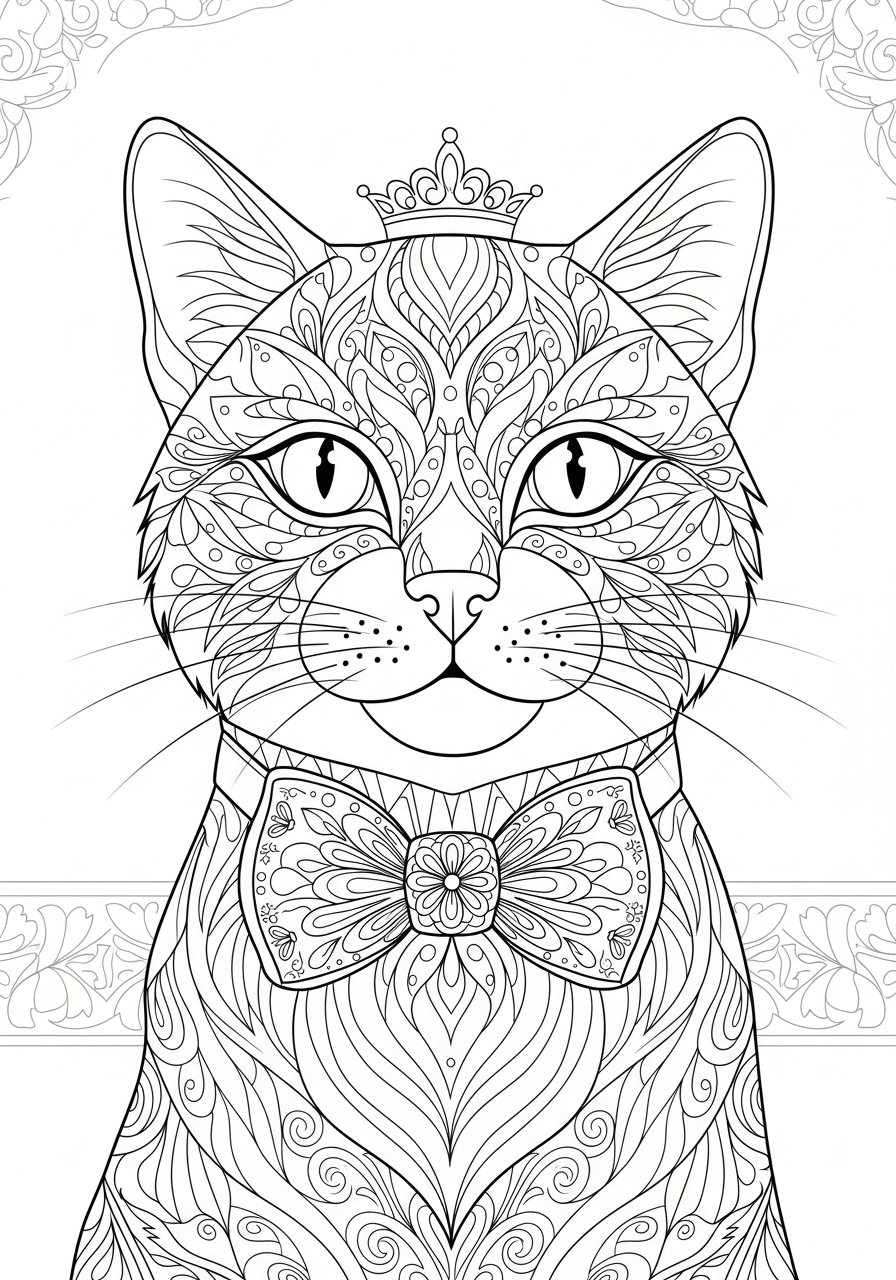 Desenho de Gato Elegante com laço e coroa para imprimir e colorir