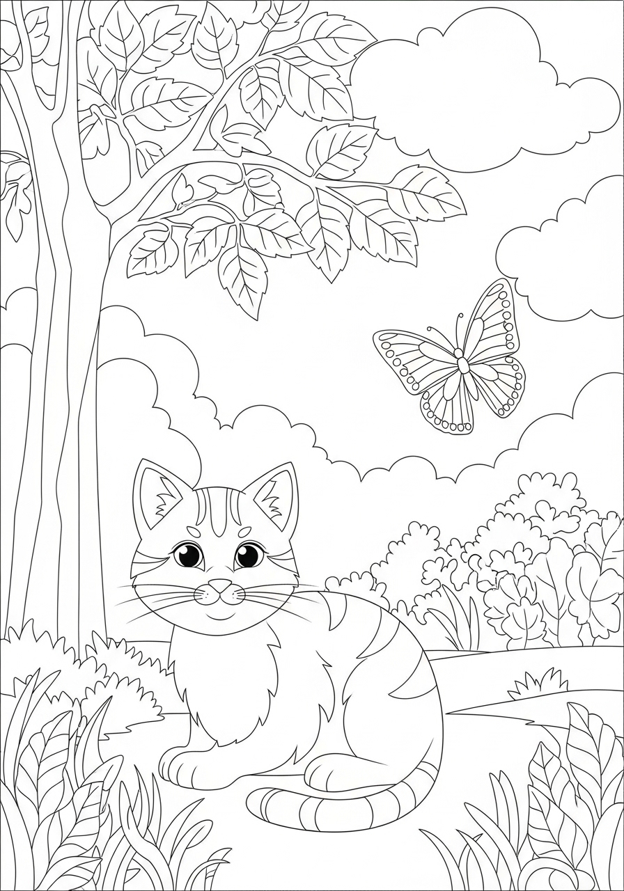 Desenho de Gato curioso em um cenário natural para colorir
