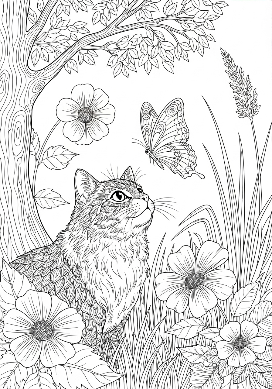 Desenho de Gato observando borboleta entre flores
