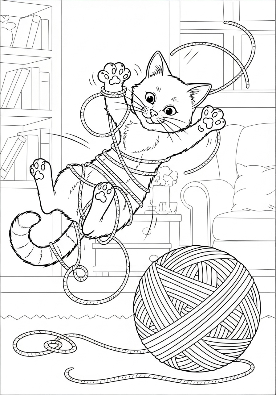Desenho de Gato brincando com novelo de lã para imprimir