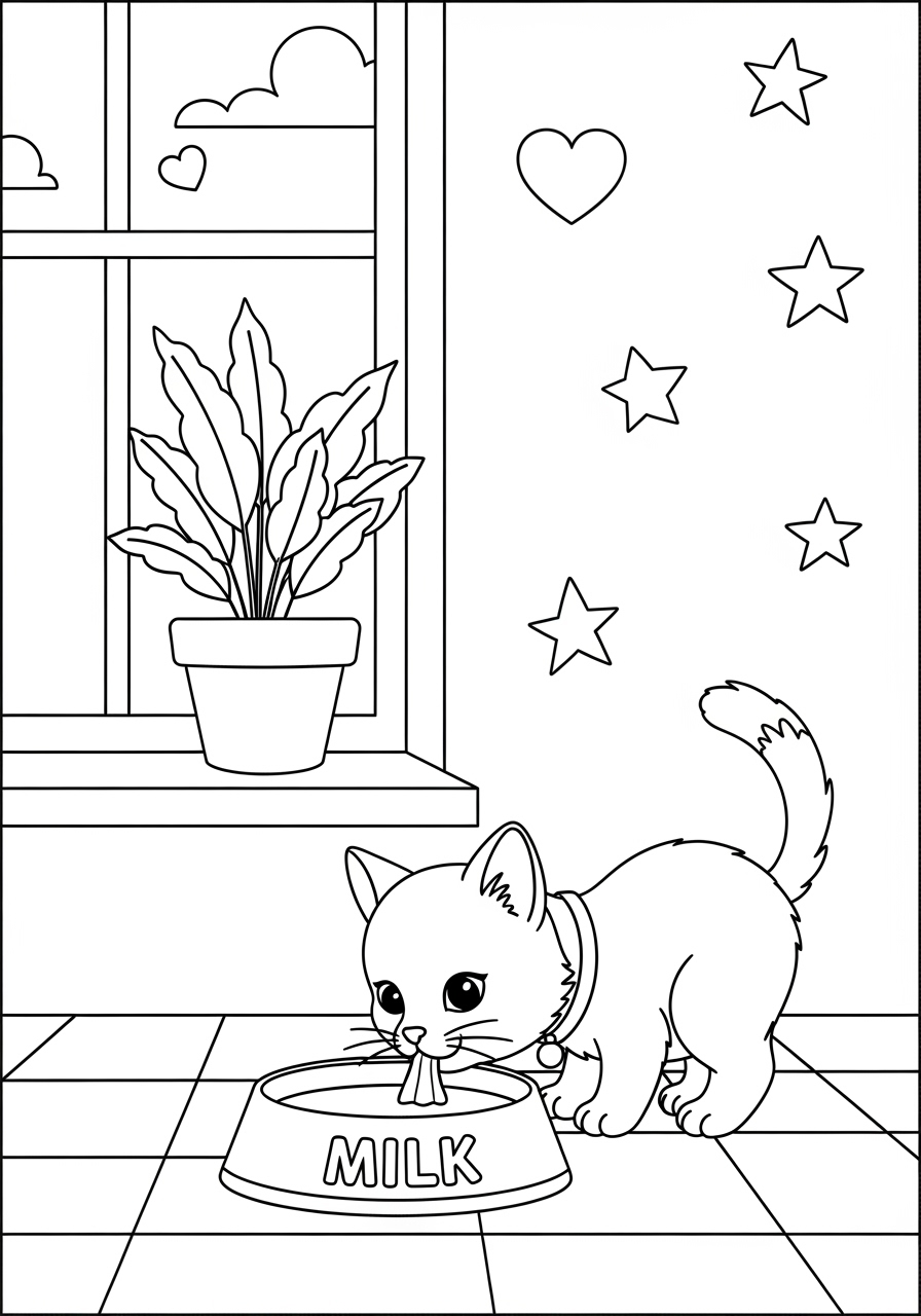 Desenho de Gato bebendo leite para imprimir e colorir