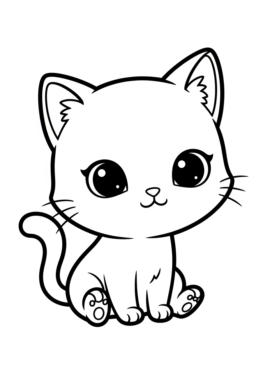 Desenho de Gato Fofo sentado para imprimir e colorir