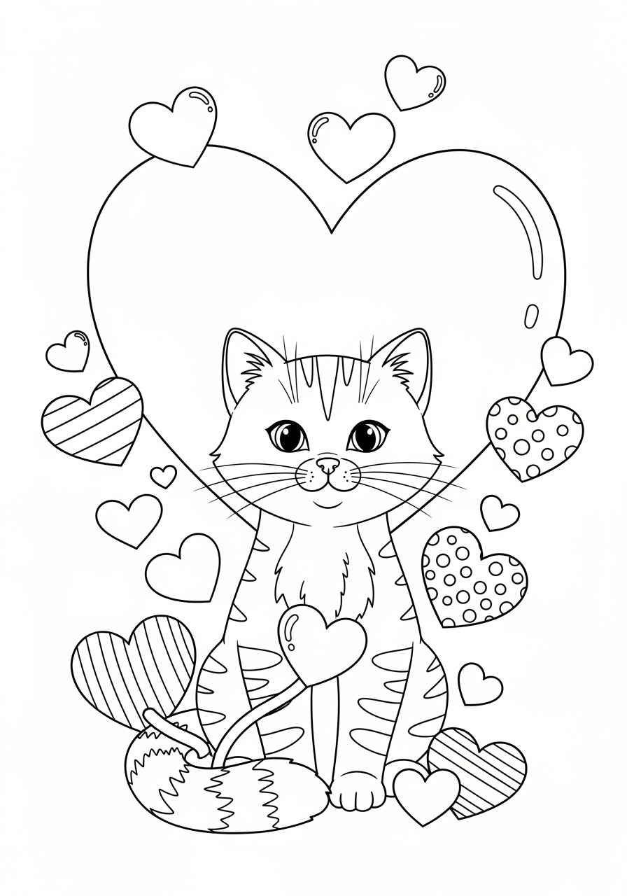 Desenho de Gato com corações para imprimir e colorir