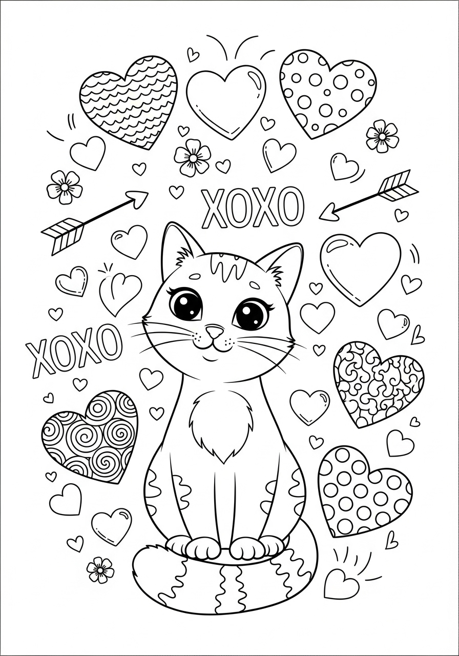 Desenho de Gato com corações para imprimir e colorir