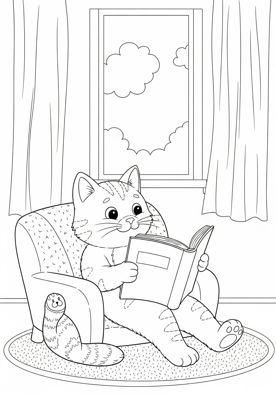 Desenho de Gato Lendo em poltrona para imprimir e colorir