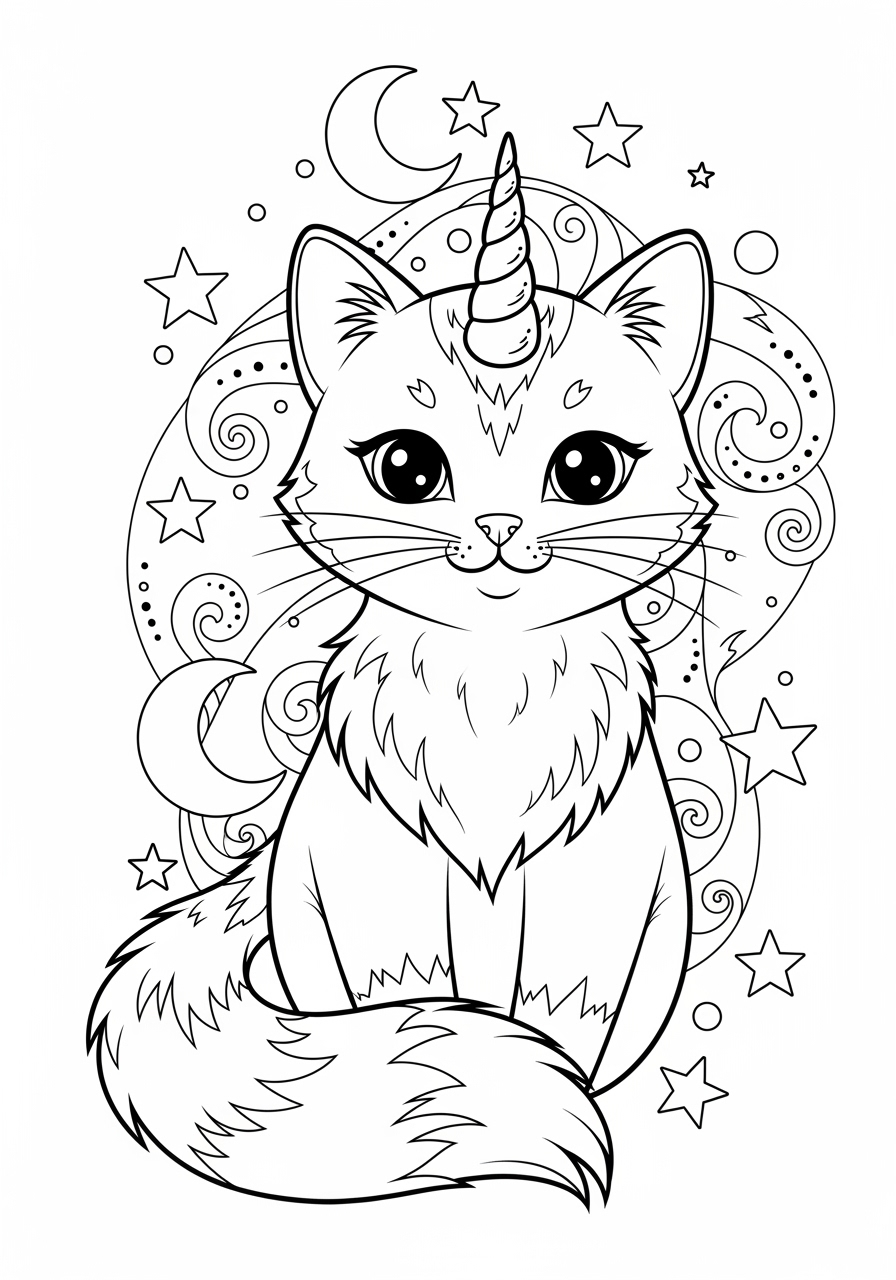 Desenho de Gato Unicórnio simpático para imprimir e colorir