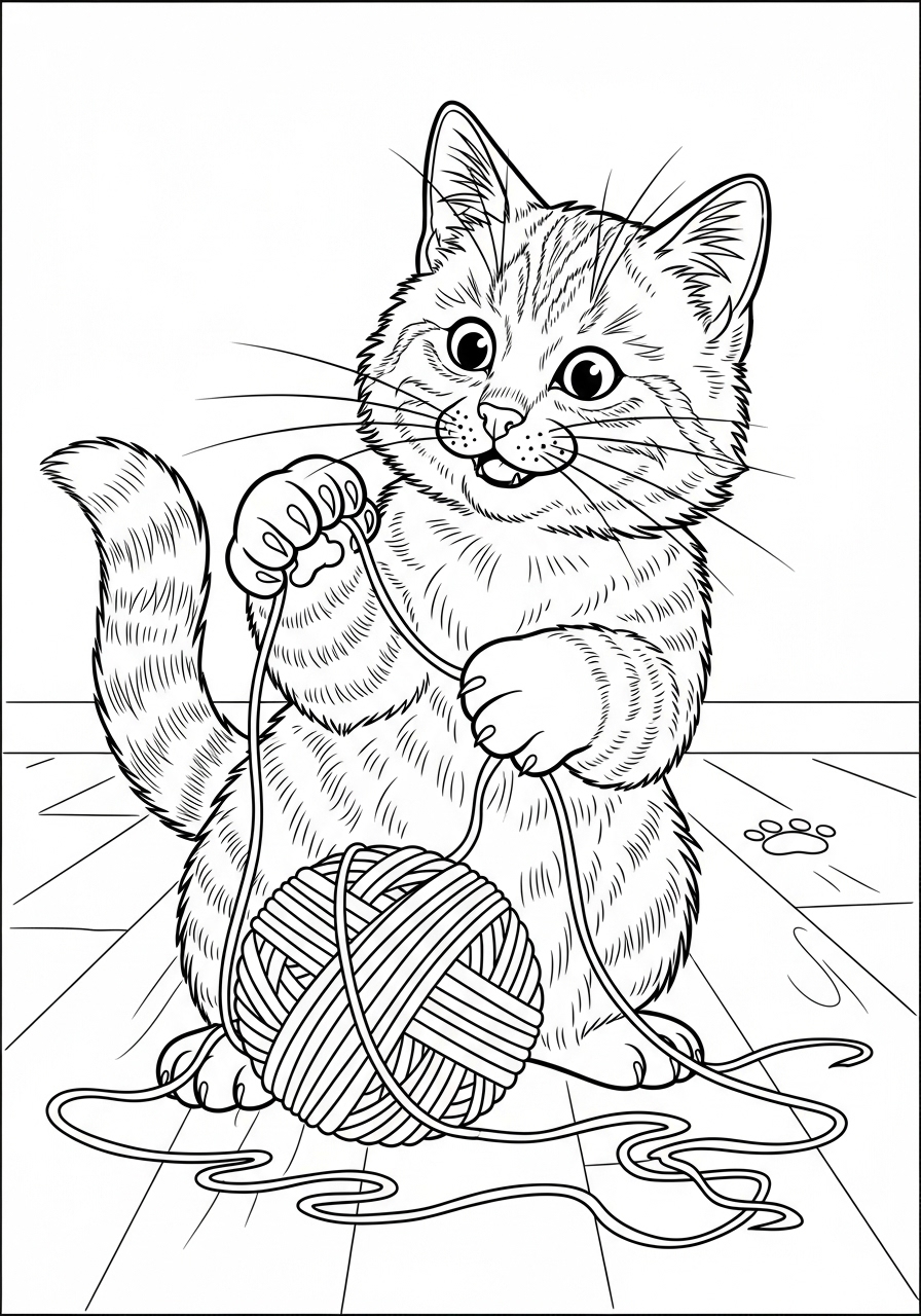 Desenho de Gato brincando com novelo de lã para imprimir