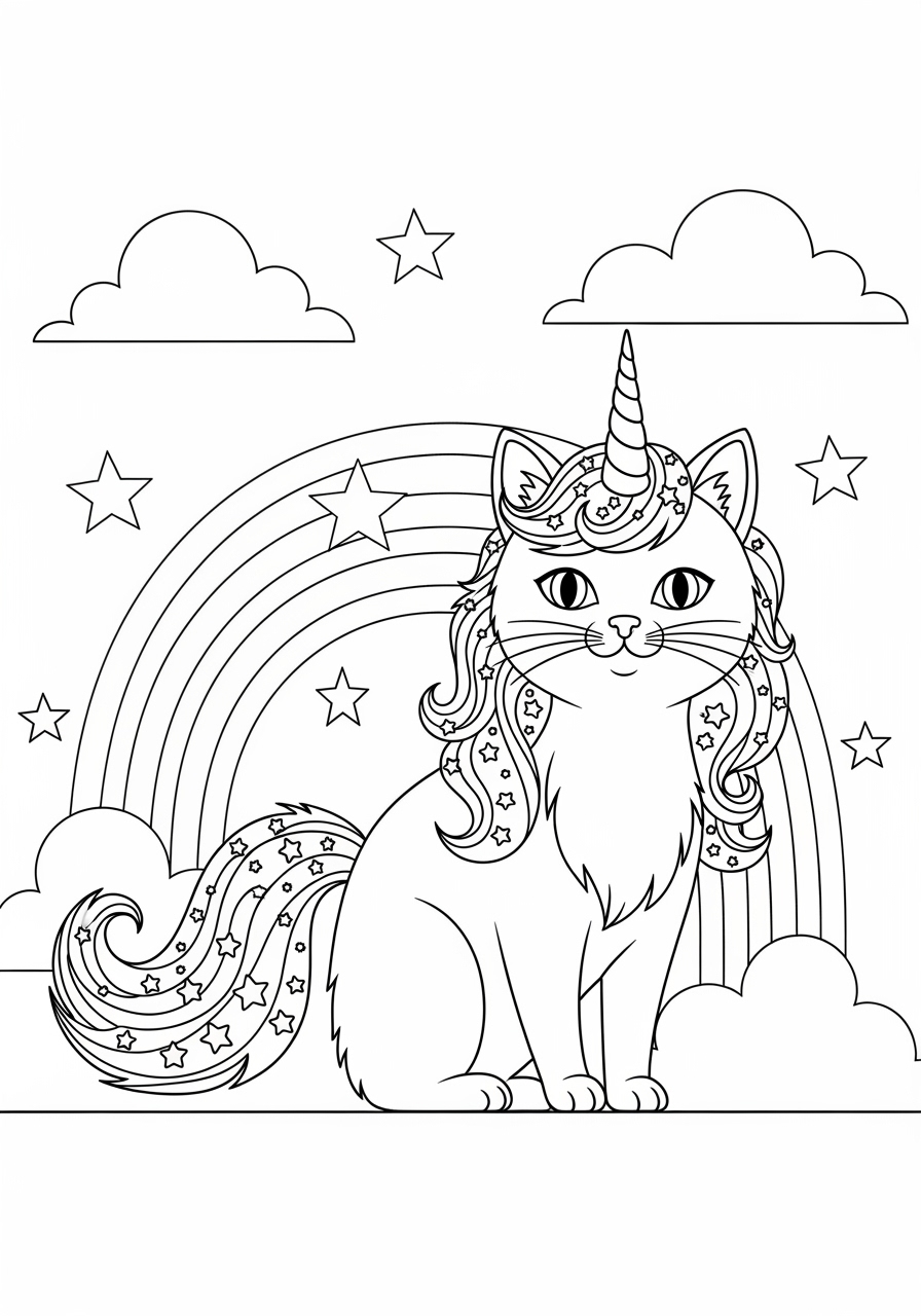Desenho de Gato Unicórnio com arco-íris para imprimir e colorir