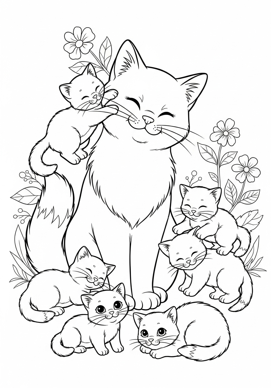 Desenho de Gato com filhotes para imprimir e colorir