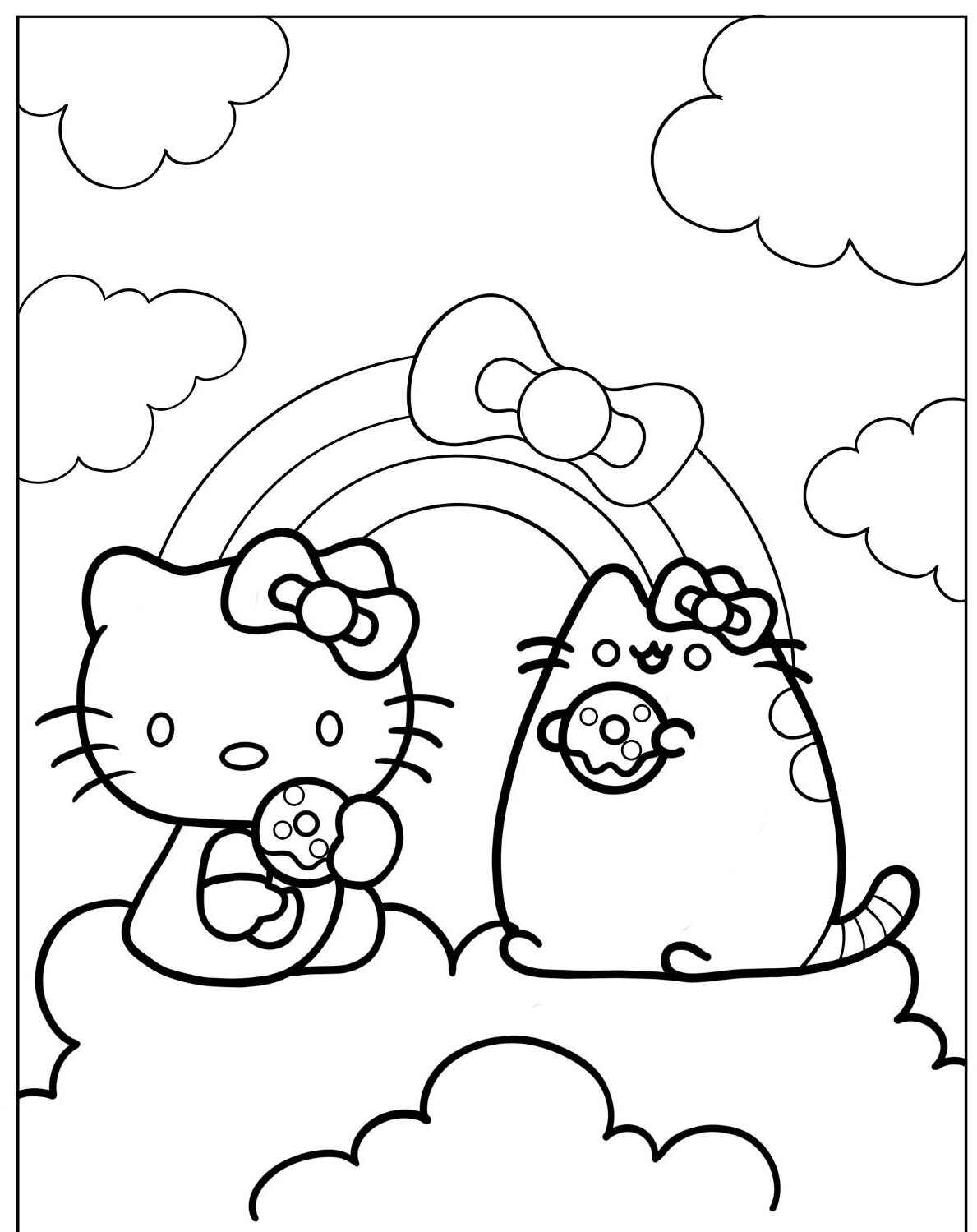 Desenho de Gato e Hello Kitty comendo biscoito para colorir