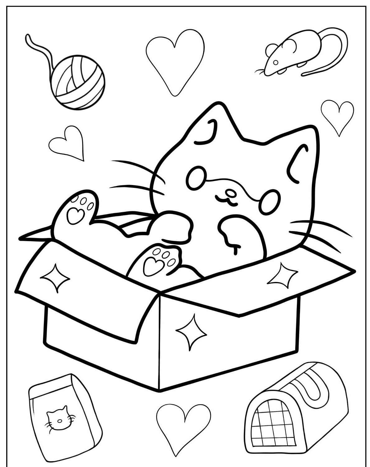 Desenho de Gato na caixa com corações para imprimir e colorir