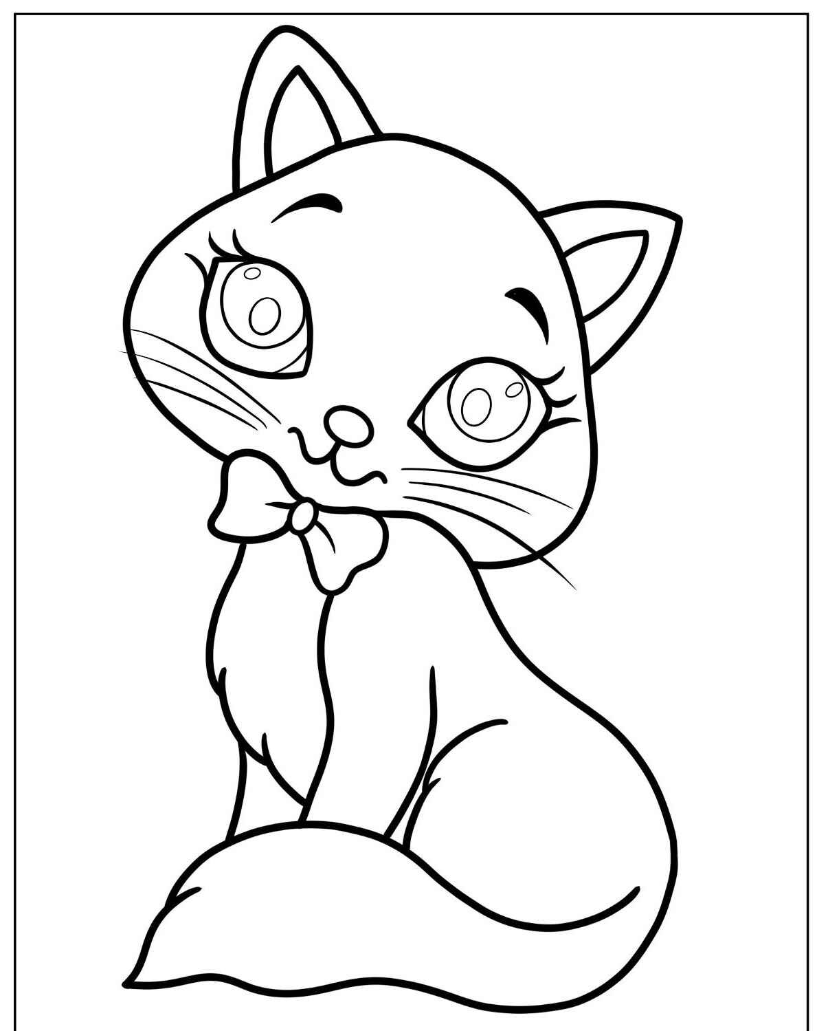 Desenho de Gato Bonitinho com laço para imprimir e colorir