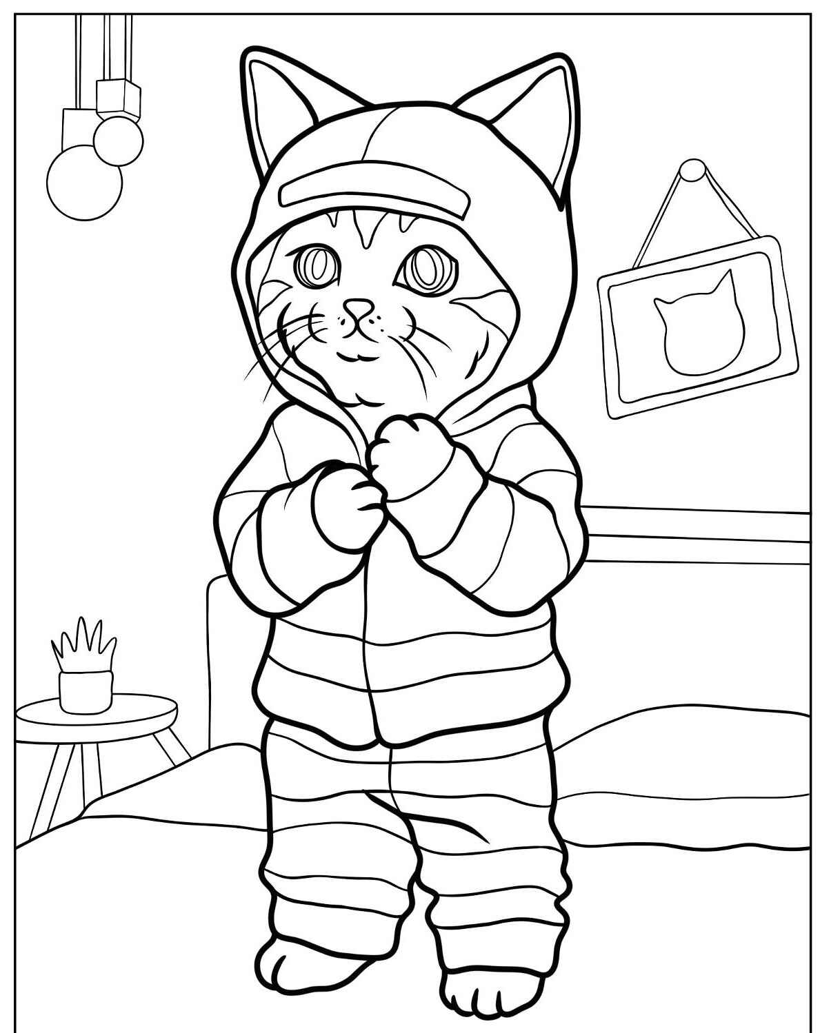 Desenho de Gato vestido com pijama para imprimir e colorir