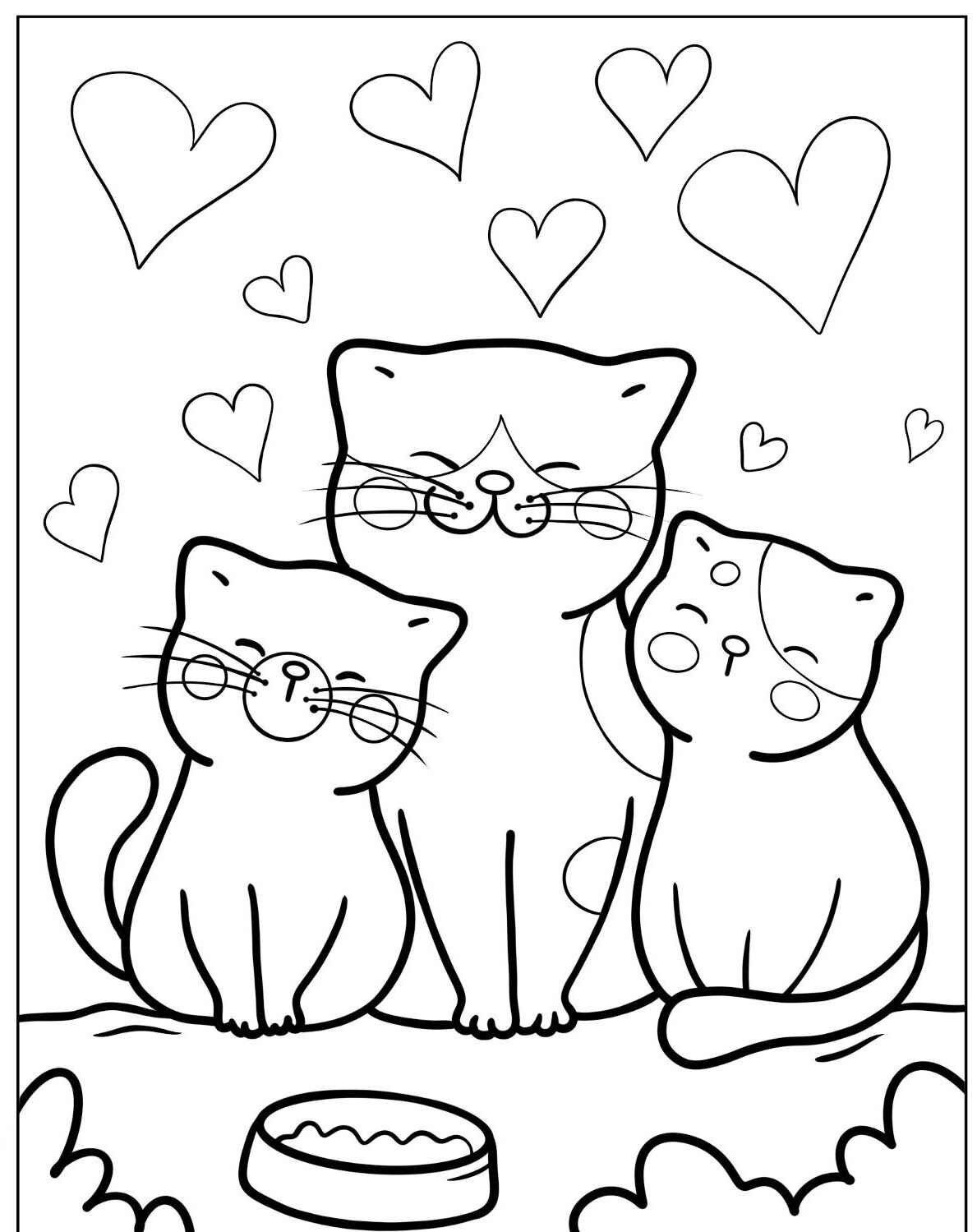 Desenho de Gatos felizes com corações para imprimir e colorir