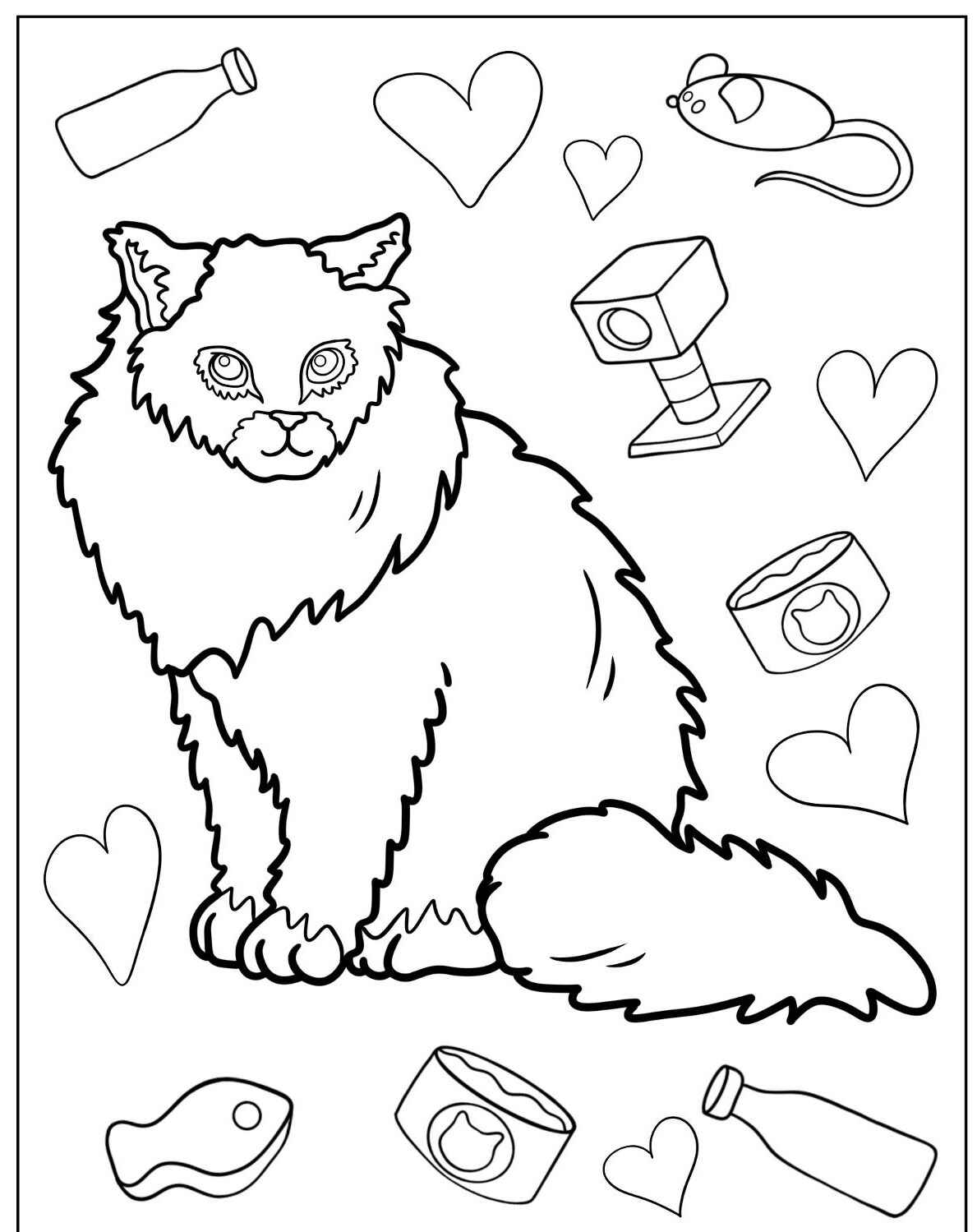 Desenho de Gato Bonito com corações para imprimir e colorir