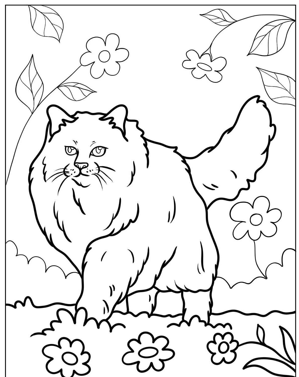 Desenho de Gato Peludo caminhando em meio a flores