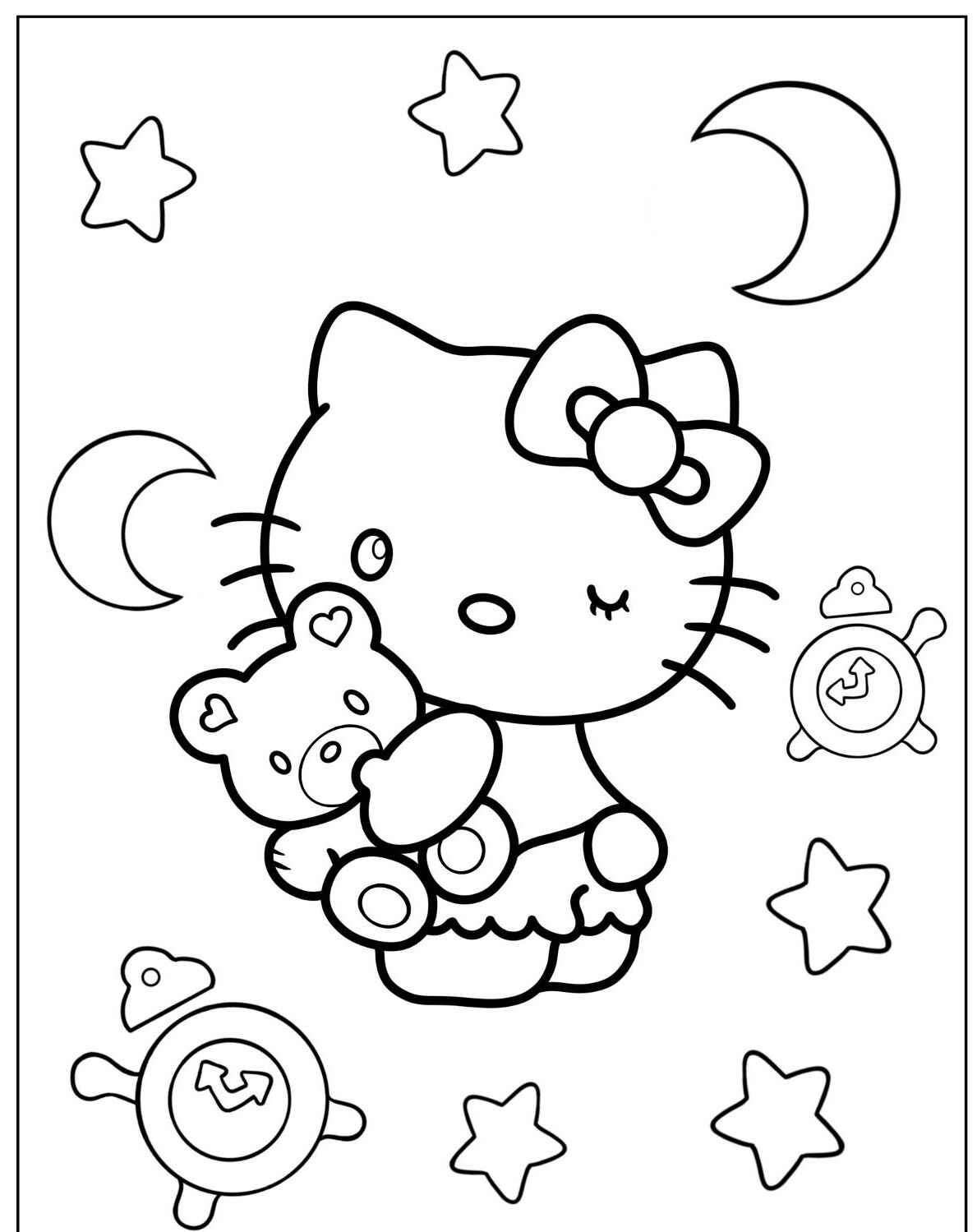 Desenho de Gato com ursinho e estrelas para imprimir e colorir