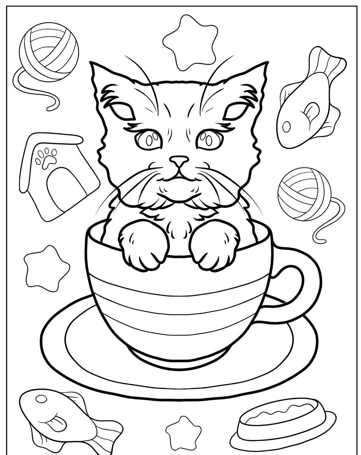 Desenho de Gato dentro de xícara para imprimir e colorir