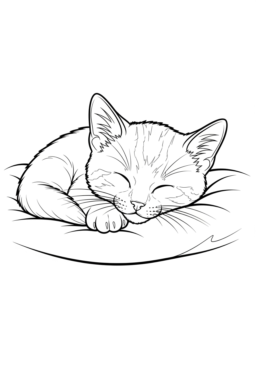 Desenho de Gato Dormindo em almofada para imprimir e colorir