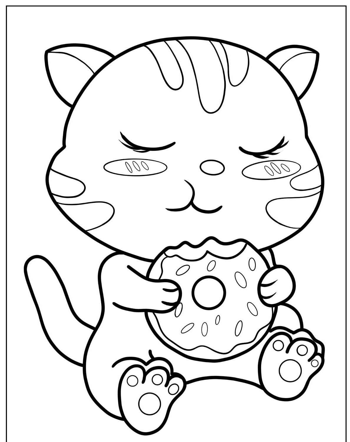 Desenho de Gato Fofo segurando um donut para imprimir e colorir