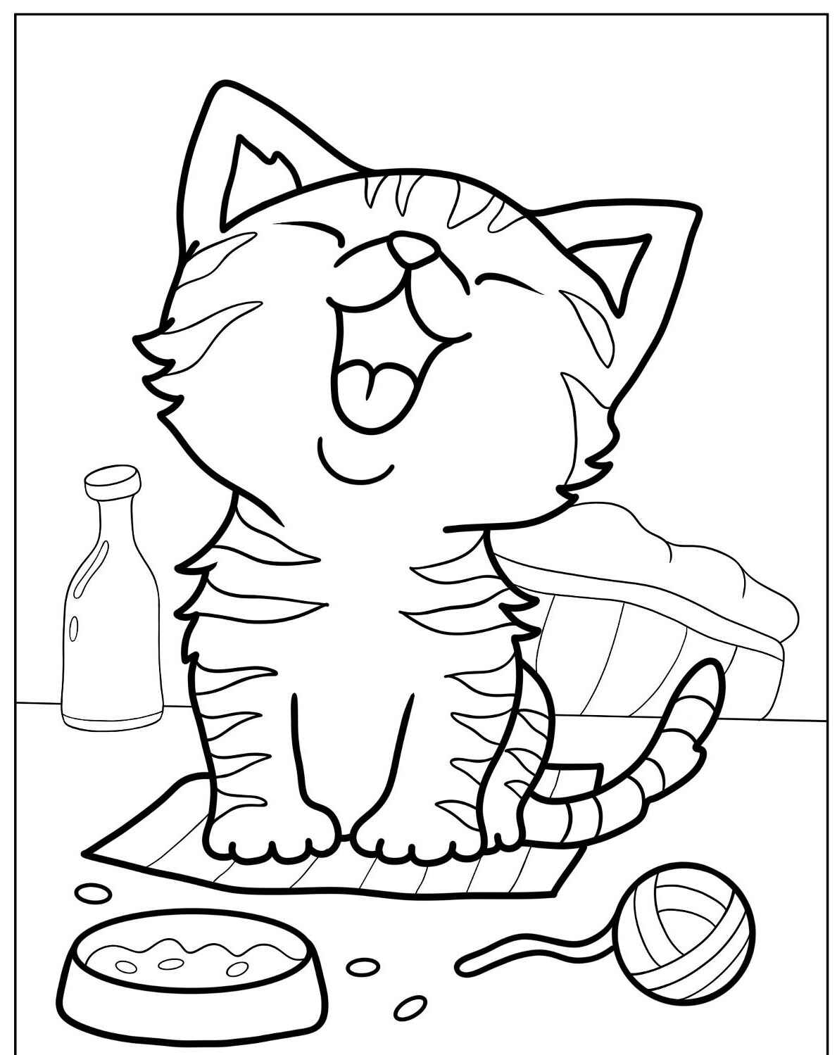 Desenho de Gato feliz com brinquedo e comida para imprimir