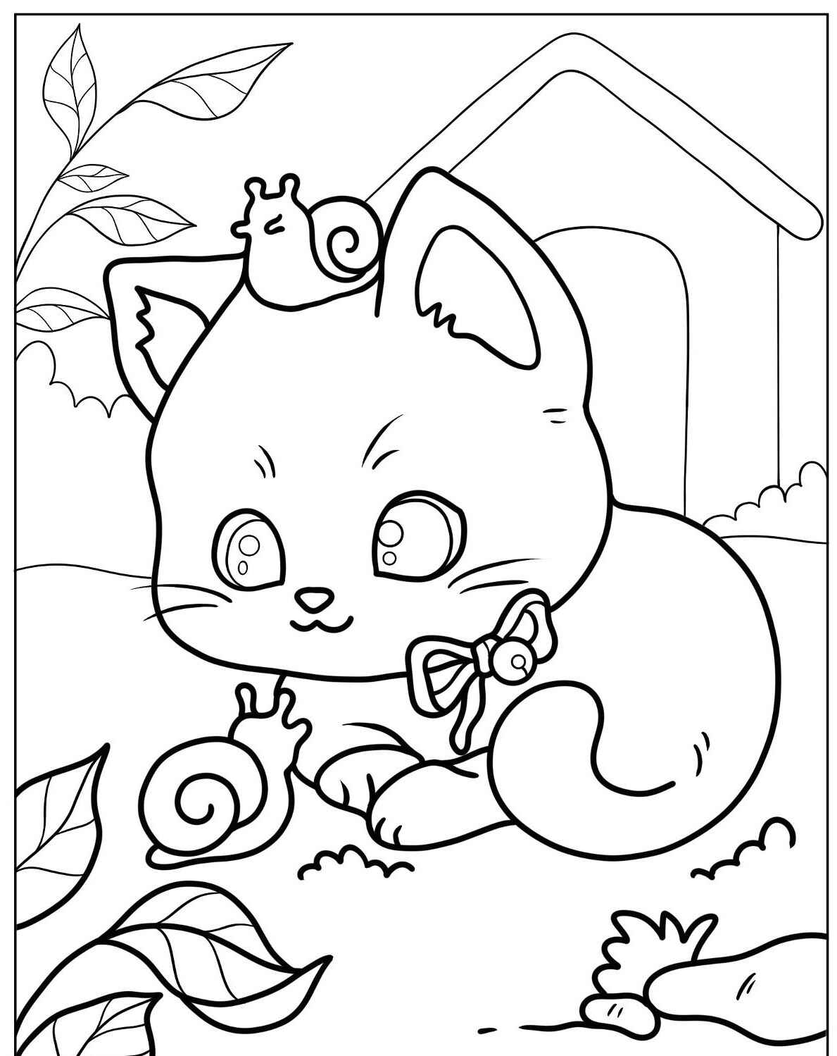 Desenho de Gato com caracol para imprimir e colorir