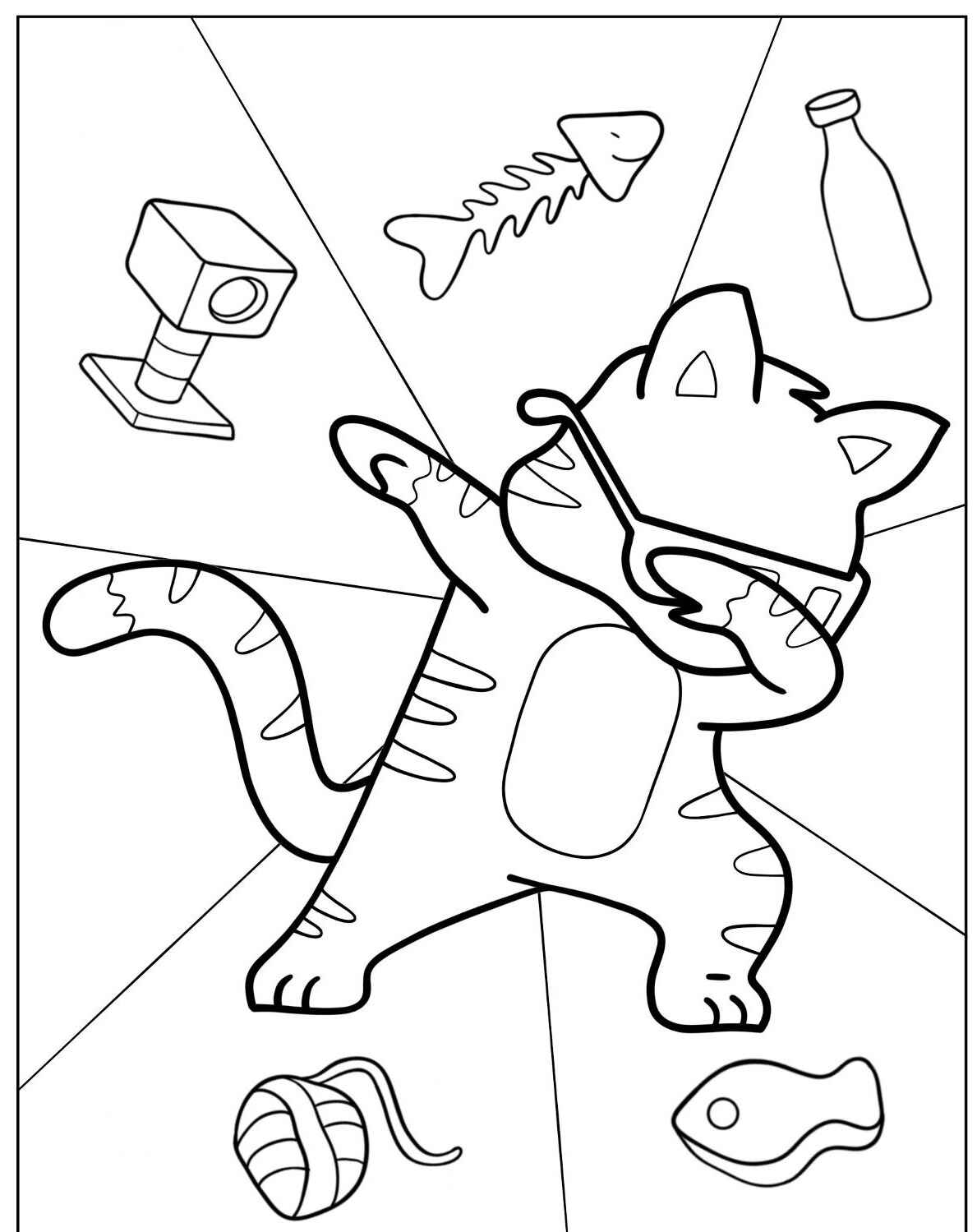 Desenho de Gato Dançando com brinquedos para imprimir e colorir