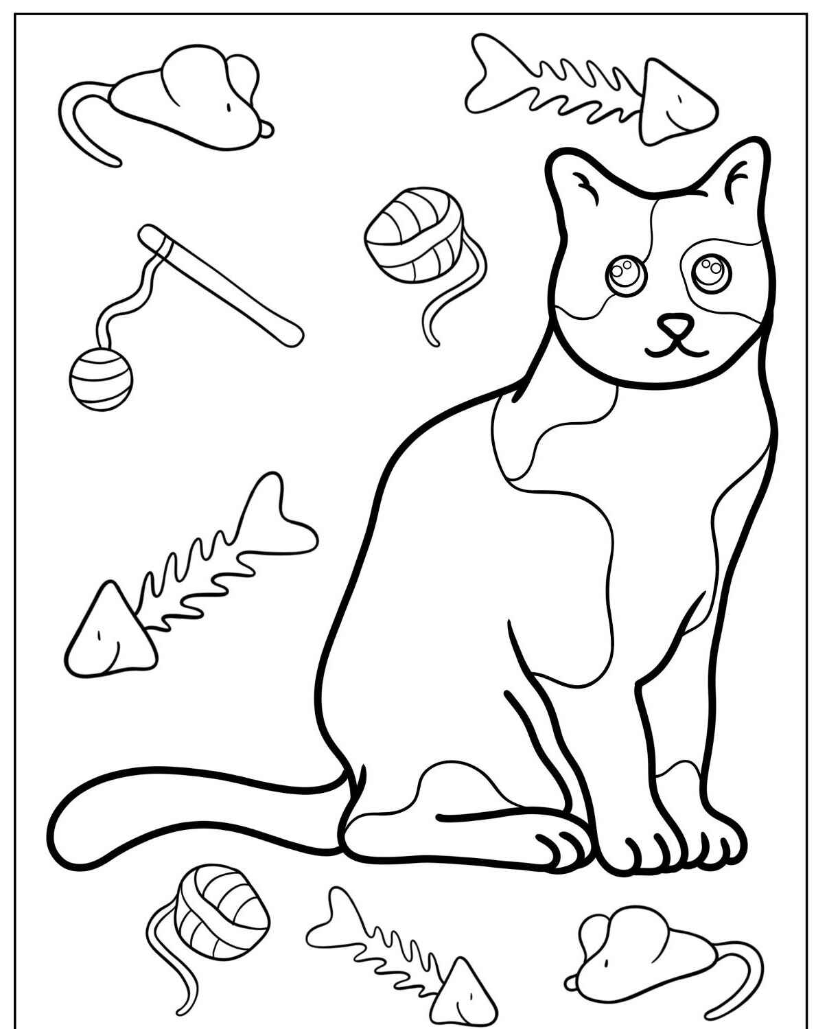 Desenho de Gato com brinquedos para imprimir e colorir